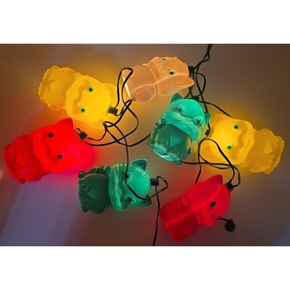 VTG RARE 7 Blow Mold Plastic Cat Kitty Patio RV Camping Party Lites Light String - Picture 2 of 14